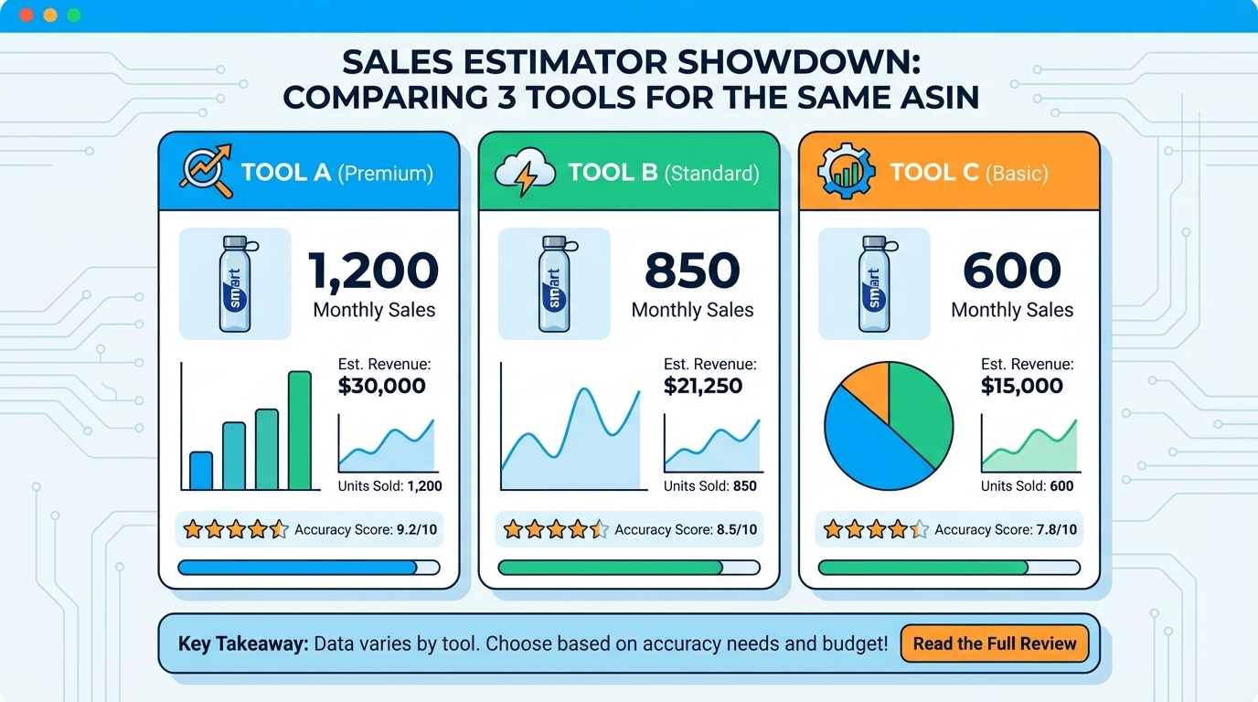 Comparison of Amazon sales estimator tools showing different results for same product