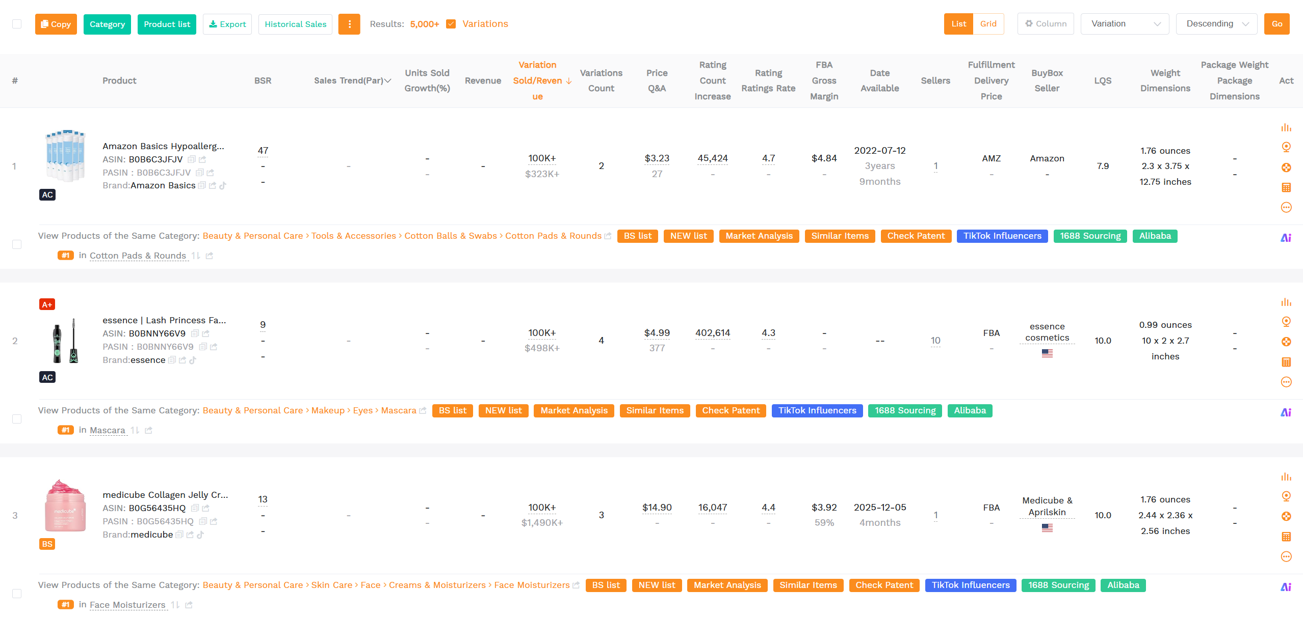 SellerSprite Amazon product research tool interface with sales estimator and keyword data