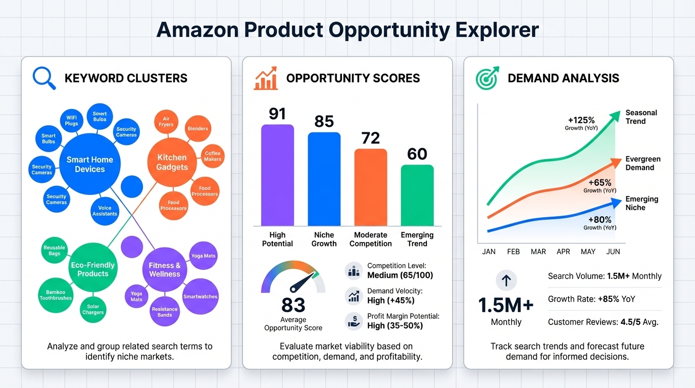 Mockup Amazon Product Opportunity Explorer dashboard with demand clusters and opportunity scoring