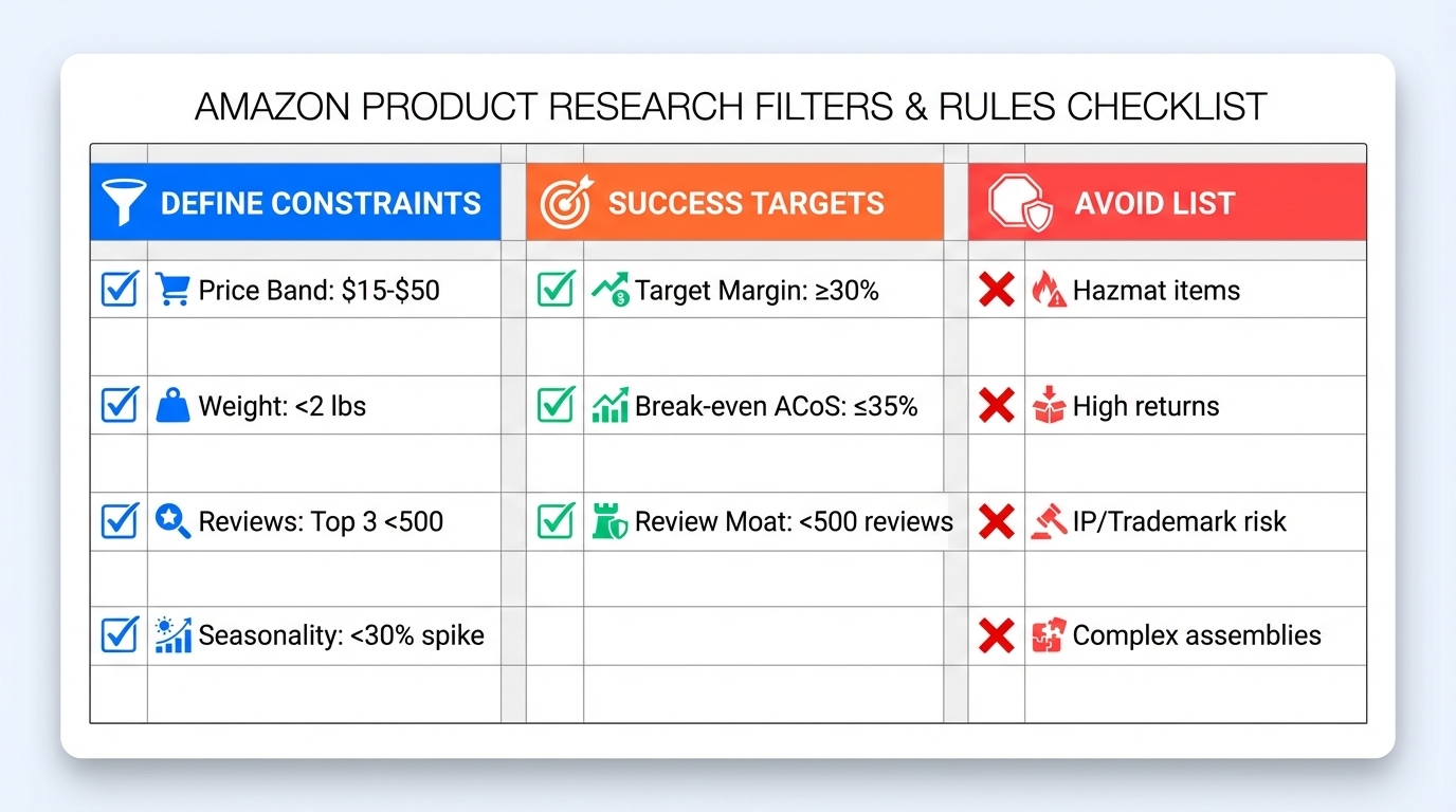 Amazon product research filters and rules checklist template
