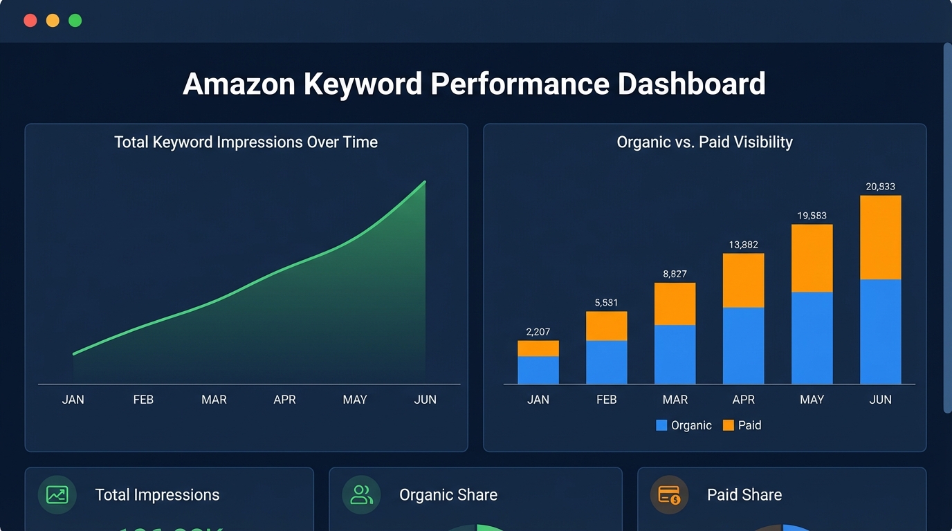 Amazon share of search dashboard example showing keyword impression share trends