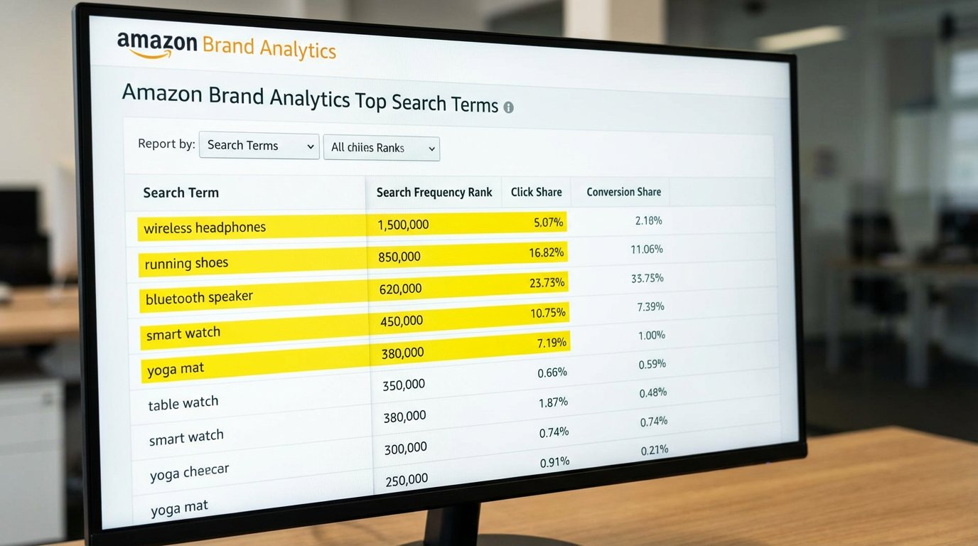Amazon Brand Analytics Top Search Terms report showing search volume, click share, and conversion rate for popular keywords