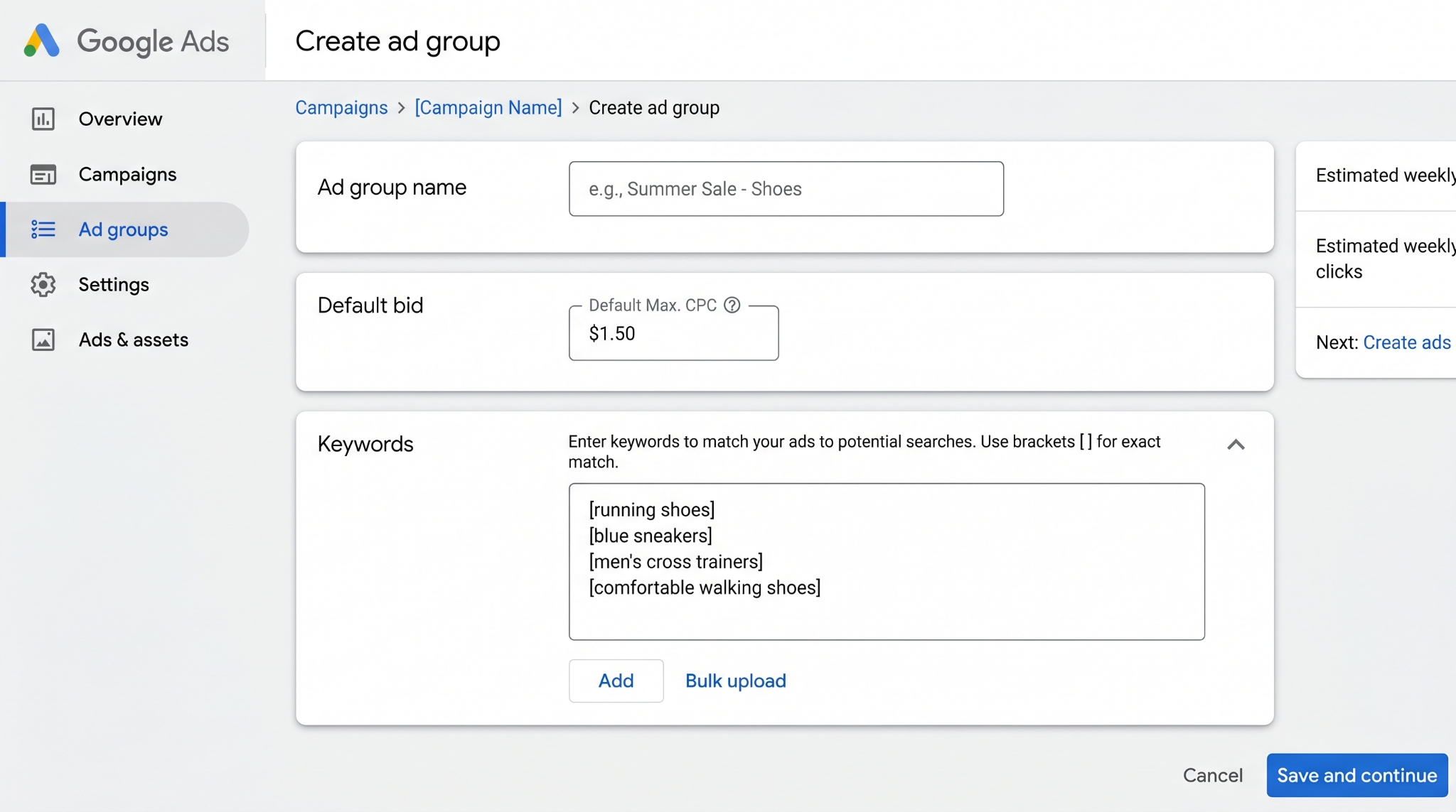 Google Ads ad group screen showing ad group name, default bid, and exact match keyword entries.