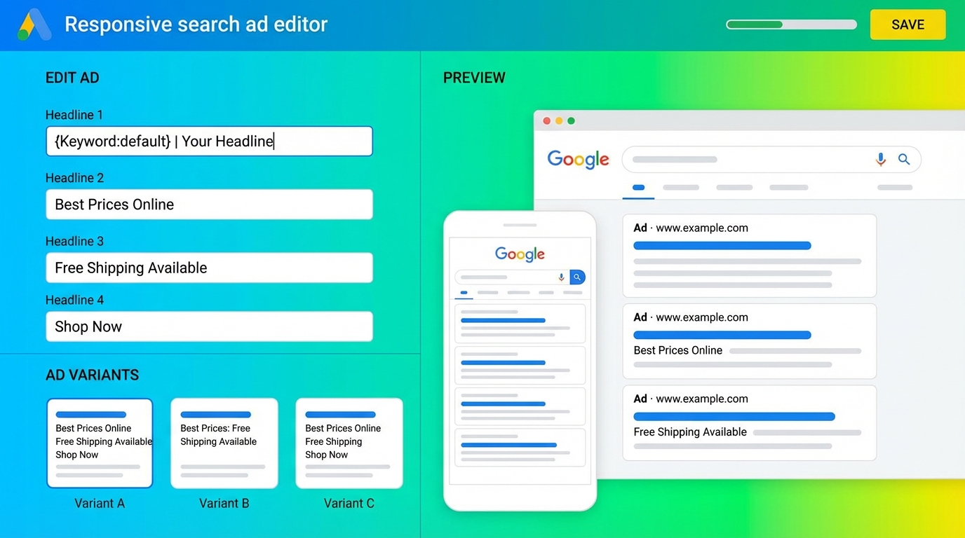 Google responsive search ad creation screen showing keyword insertion in headline and multiple ad variants for testing.