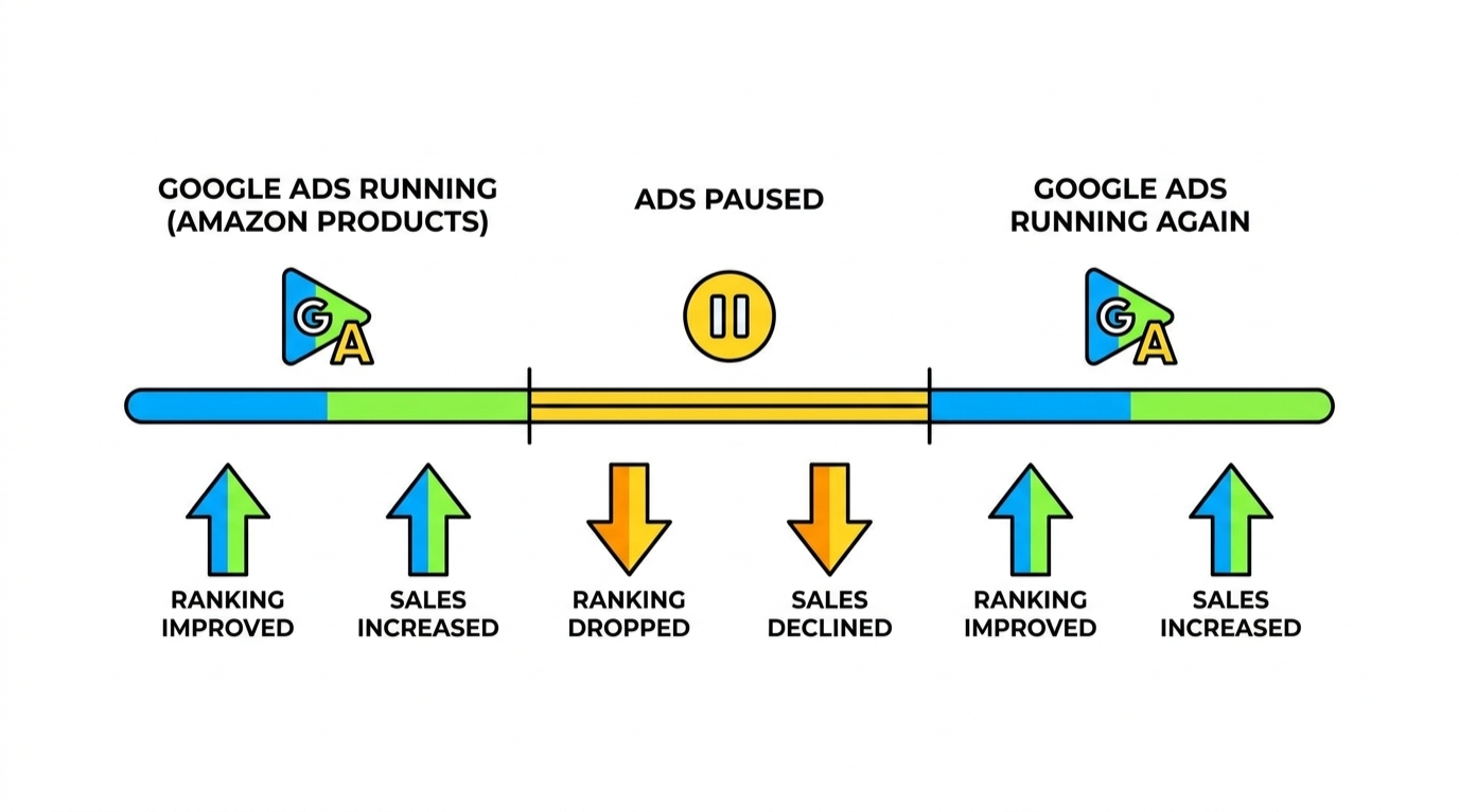 Simple testing timeline graphic showing ads running, pausing, and measuring ranking and sales over time.