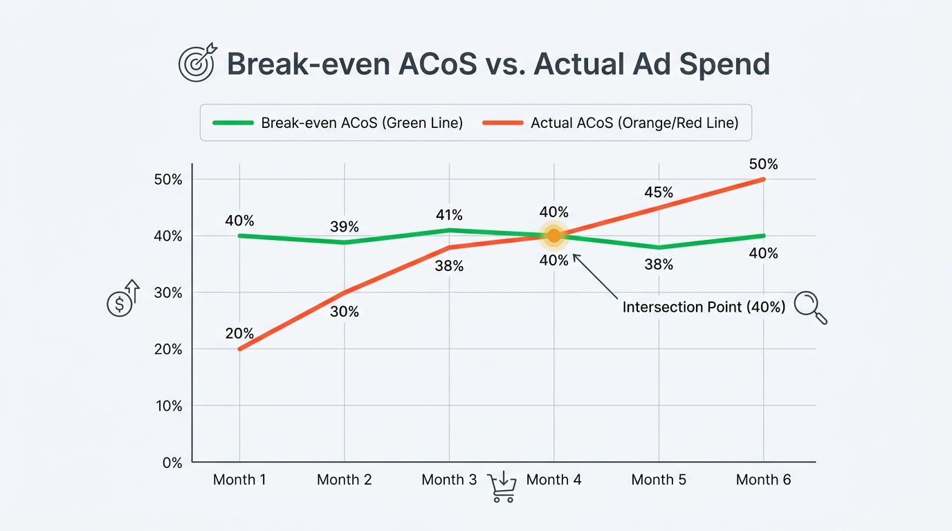 Break-even ACoS vs. actual ad spend for Amazon FBA product