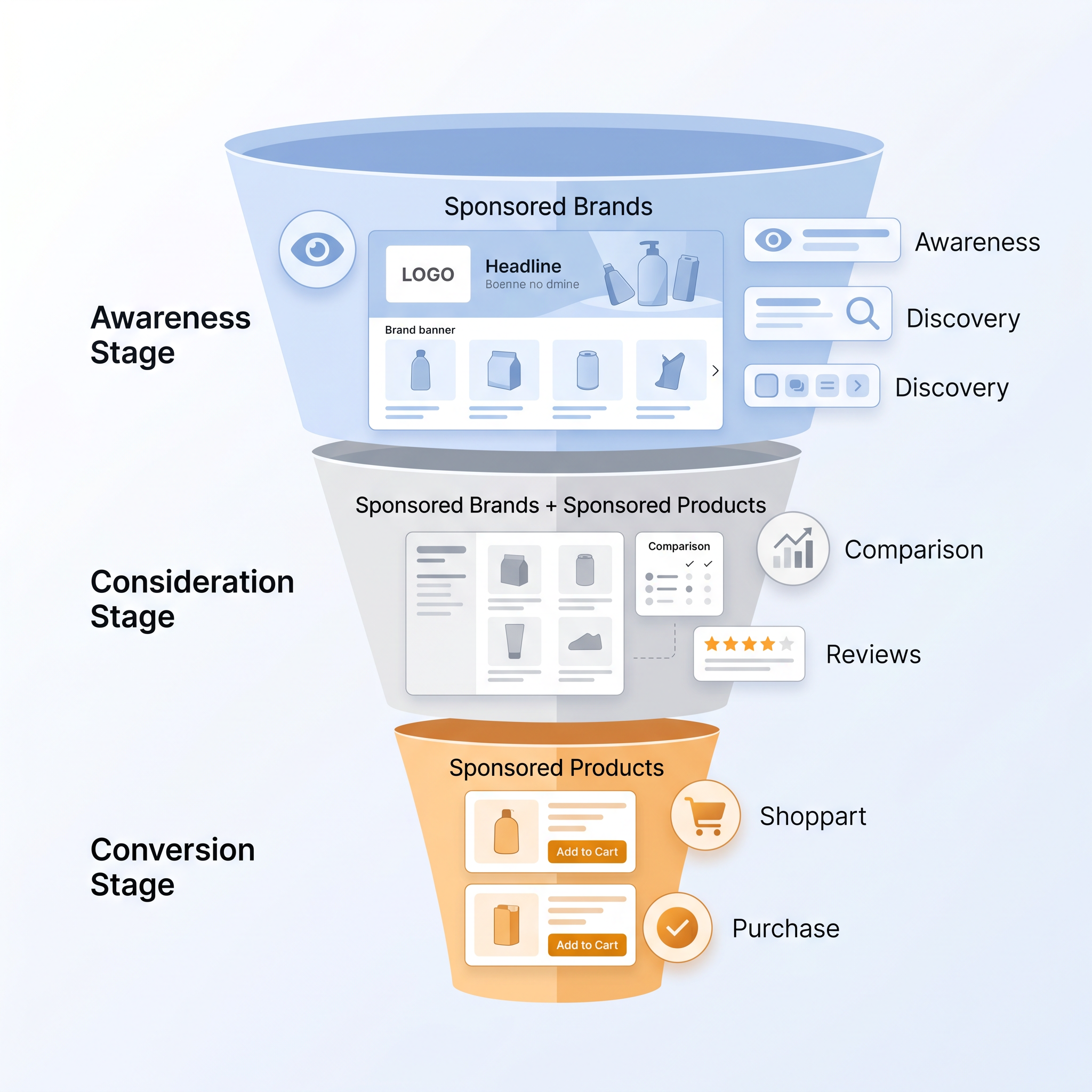 Customer journey funnel: Sponsored Brands vs Sponsored Products by stage