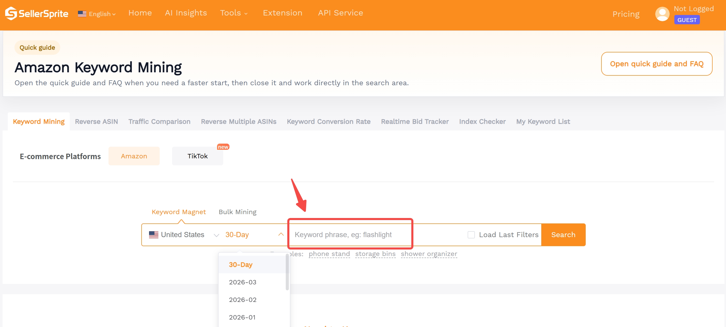 SellerSprite Keyword Mining tool dashboard interface of search bar