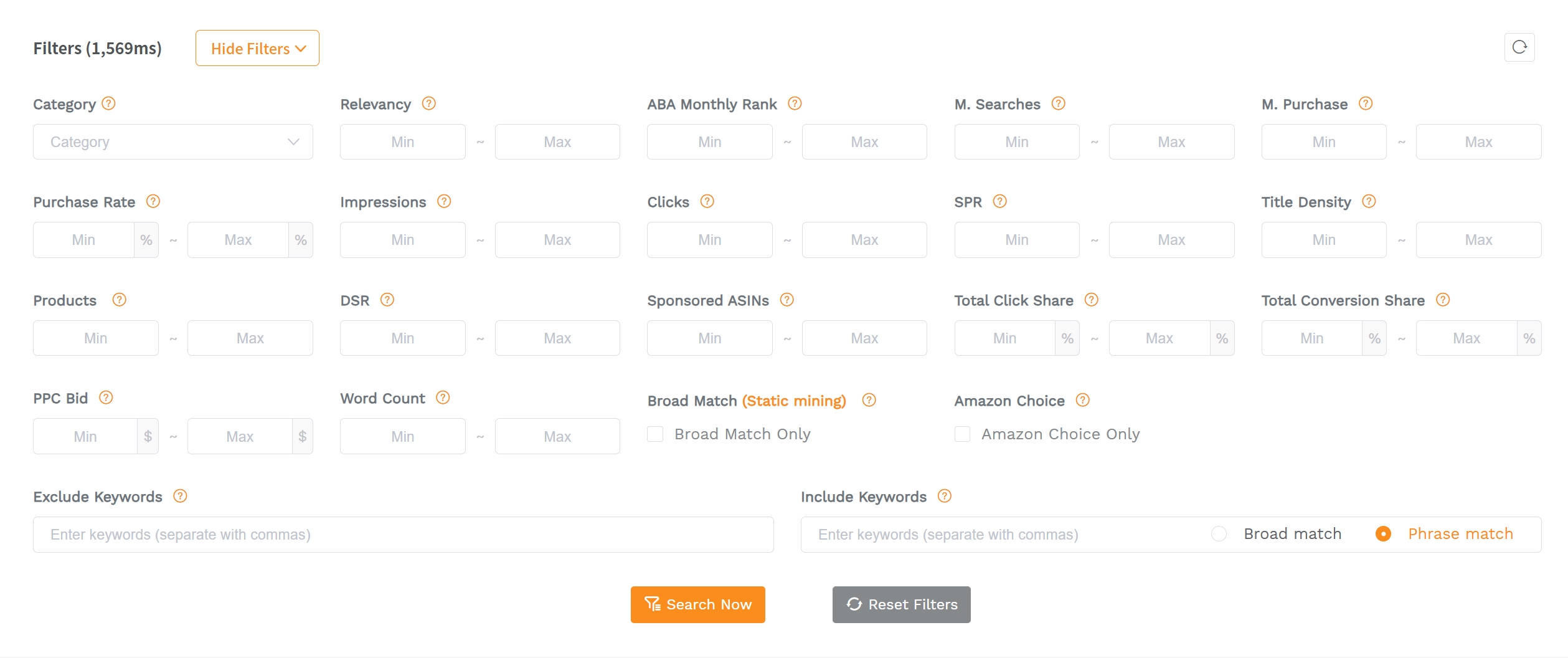 SellerSprite Keyword Mining tool dashboard interface of filters