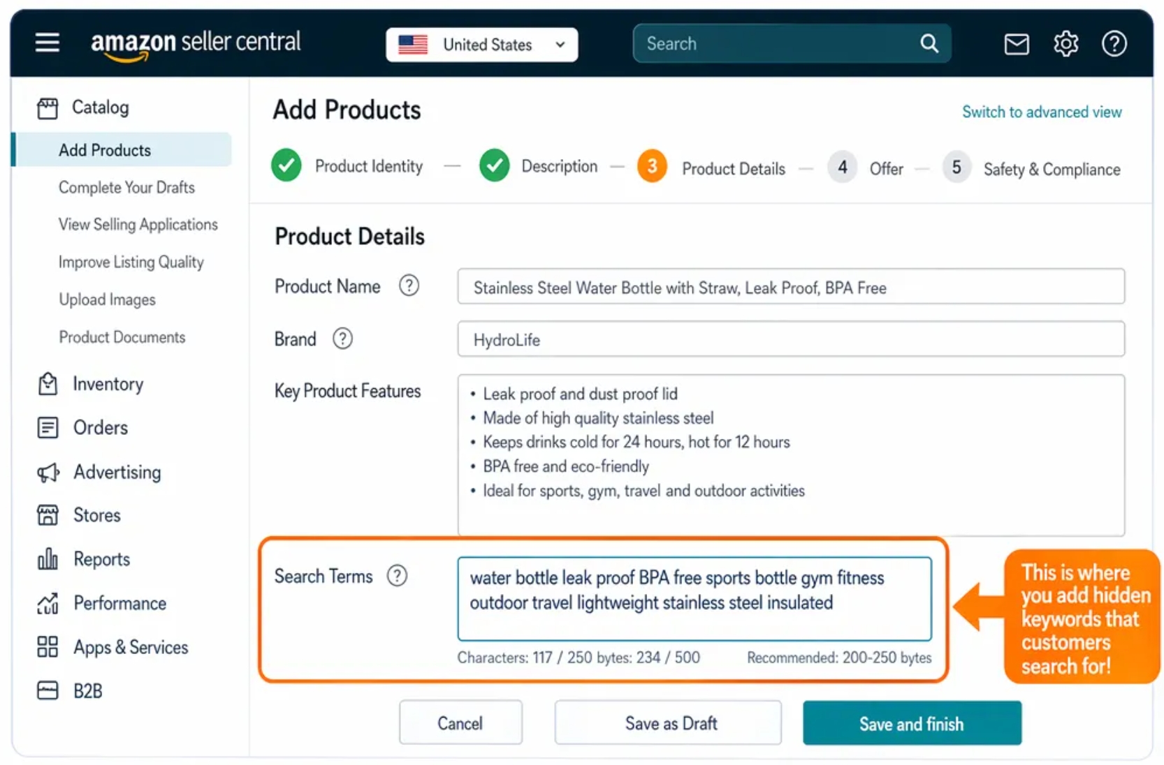 Amazon backend search terms field in Seller Central US