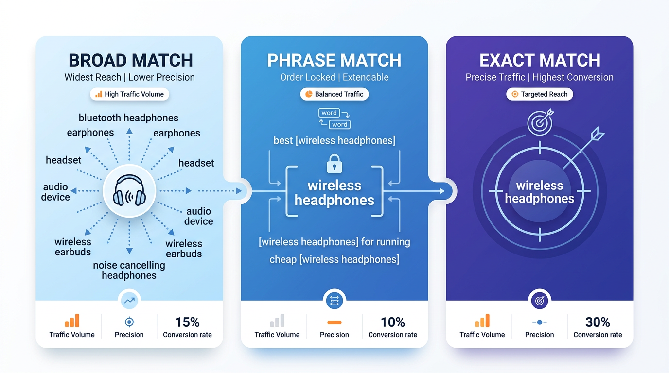 Keyword Match Types in PPC: Broad, Phrase, Exact comparison on Amazon