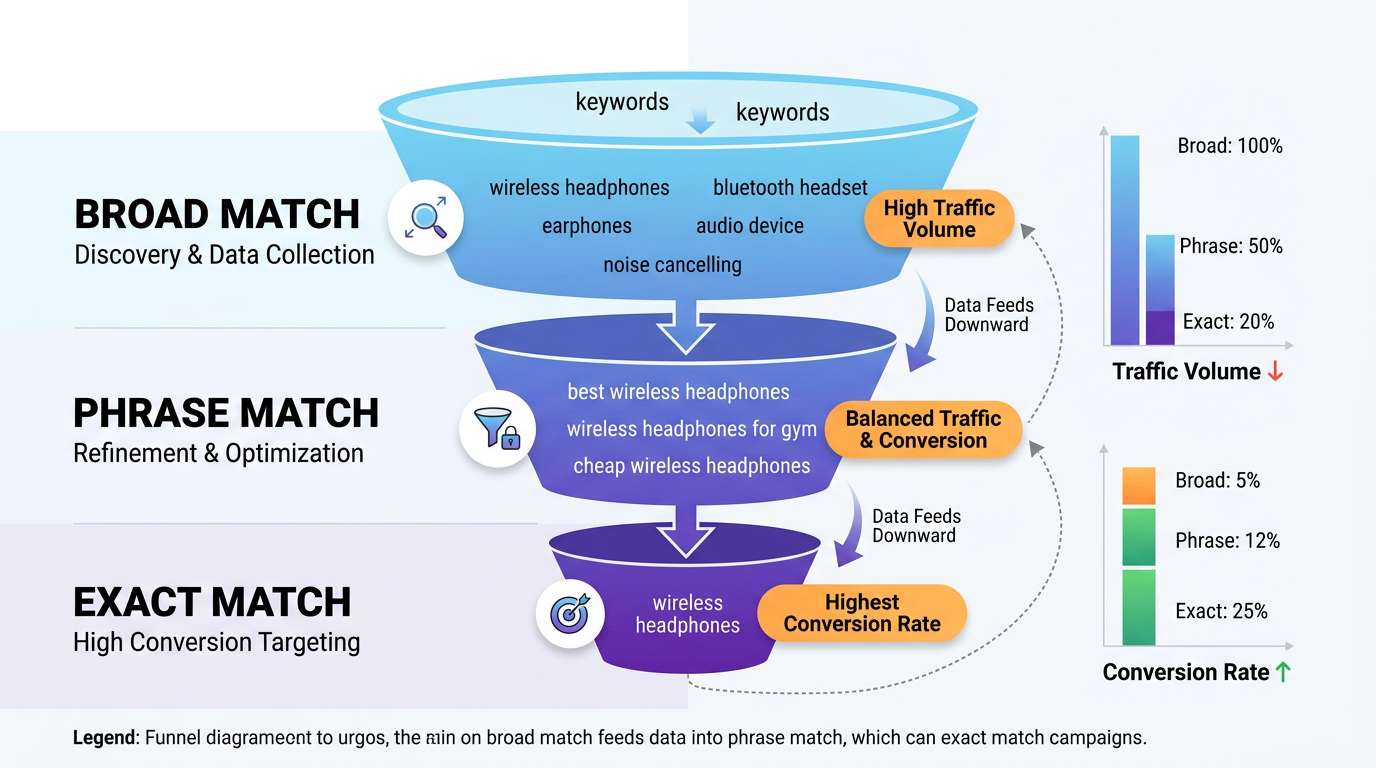 How broad, phrase, and exact match types work together in Amazon PPC