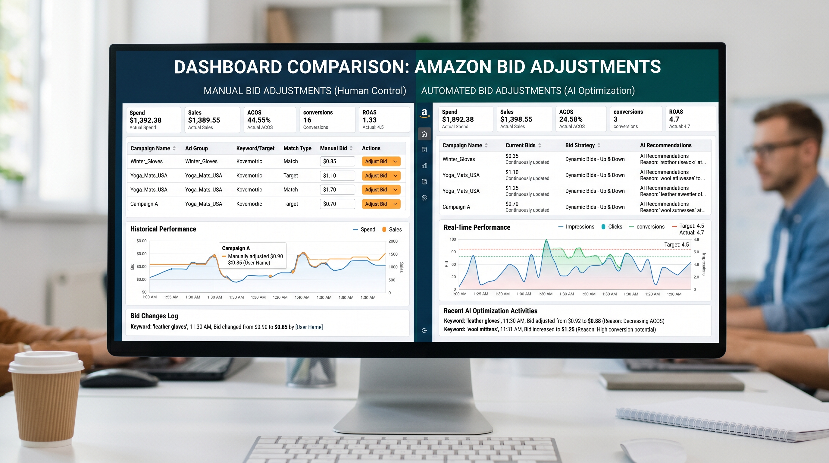Amazon PPC automation dashboard showing real-time bid optimization