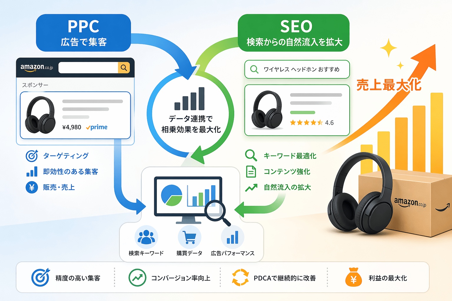 PPCデータとSEOの連携による売上最大化のイメージ