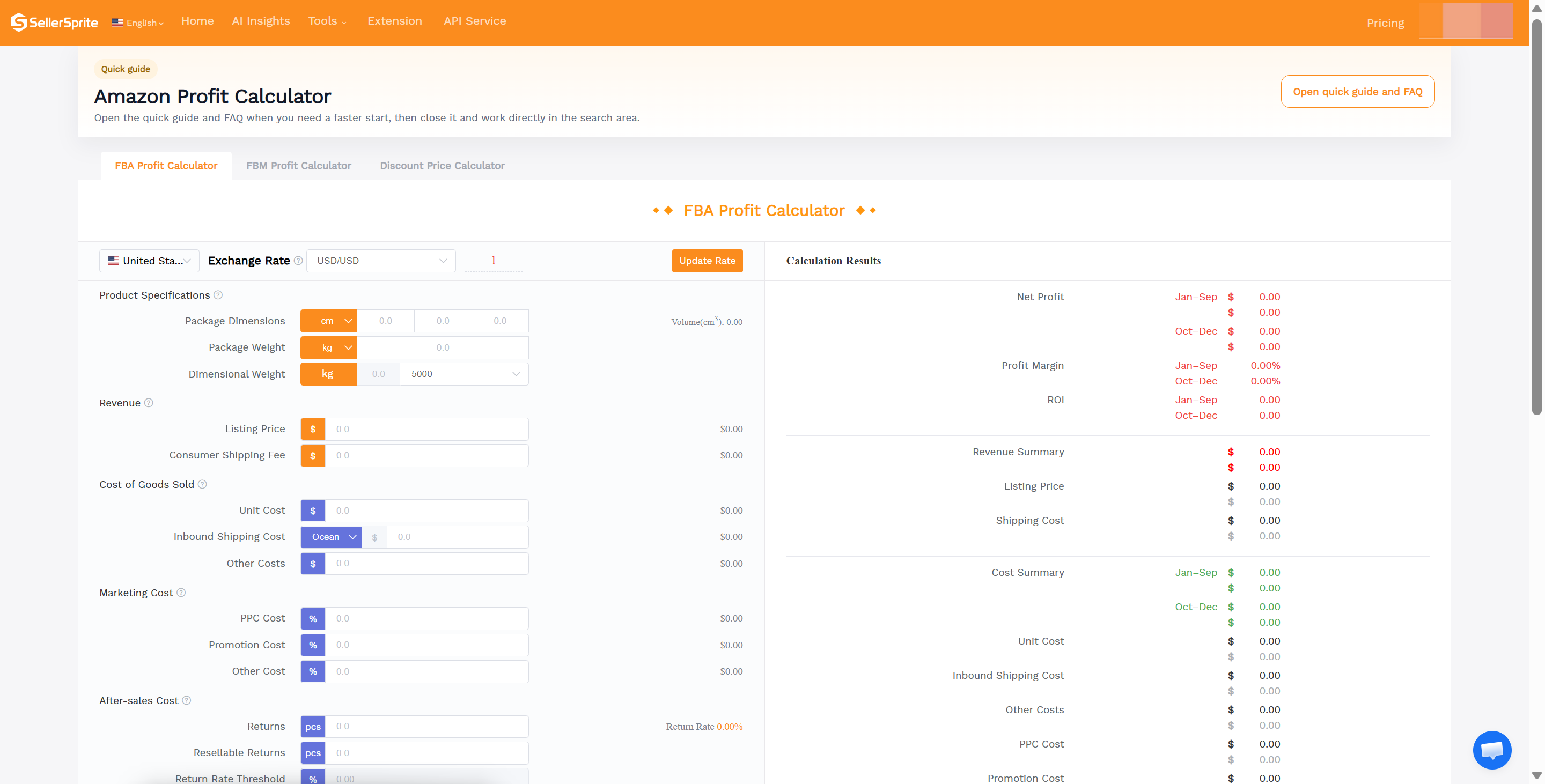 SellerSprite Profitability Calculator dashboard showing product price cost inputs Amazon fees net profit and profit margin