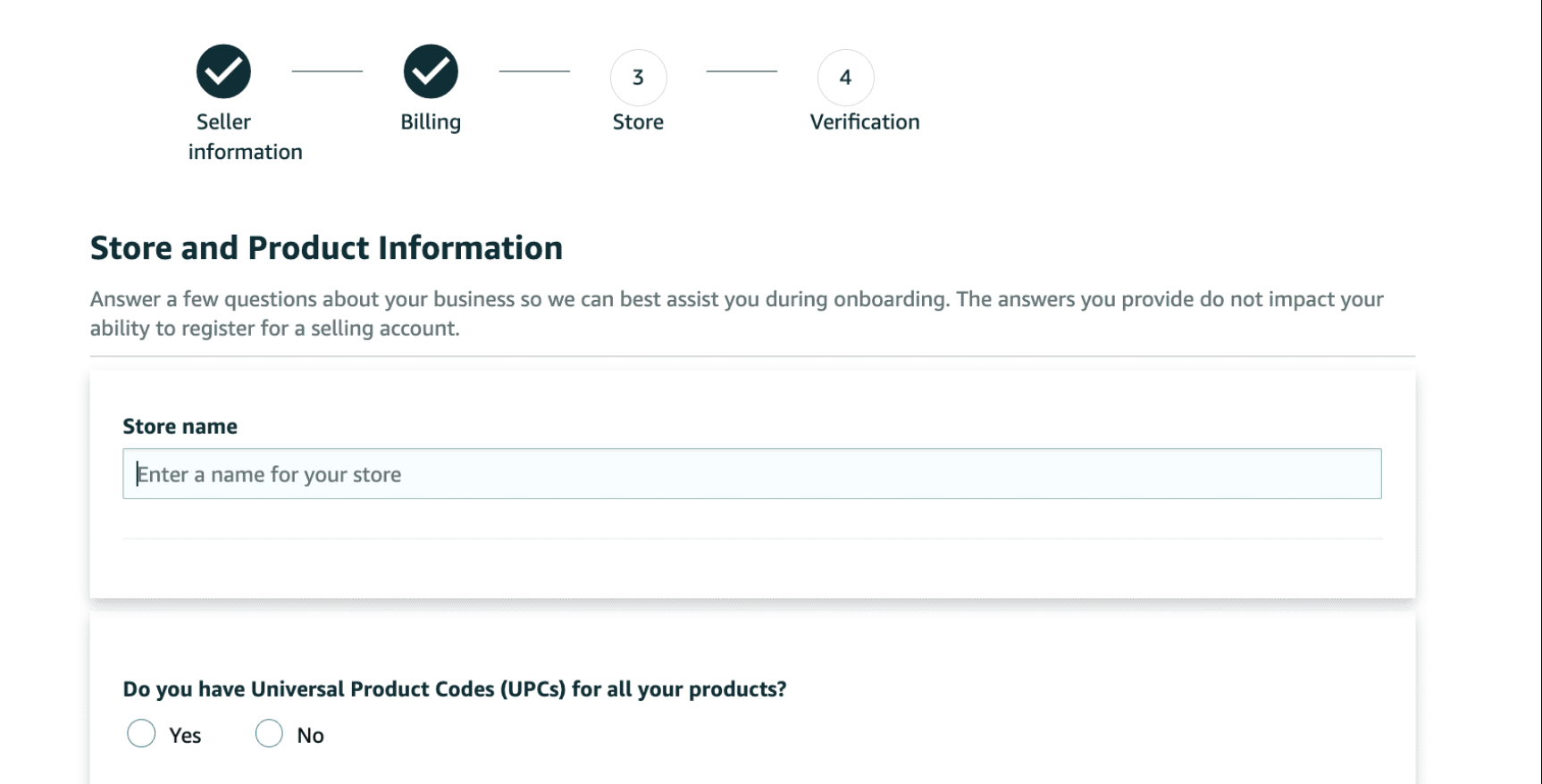 Amazon Seller Central store details and product information setup page