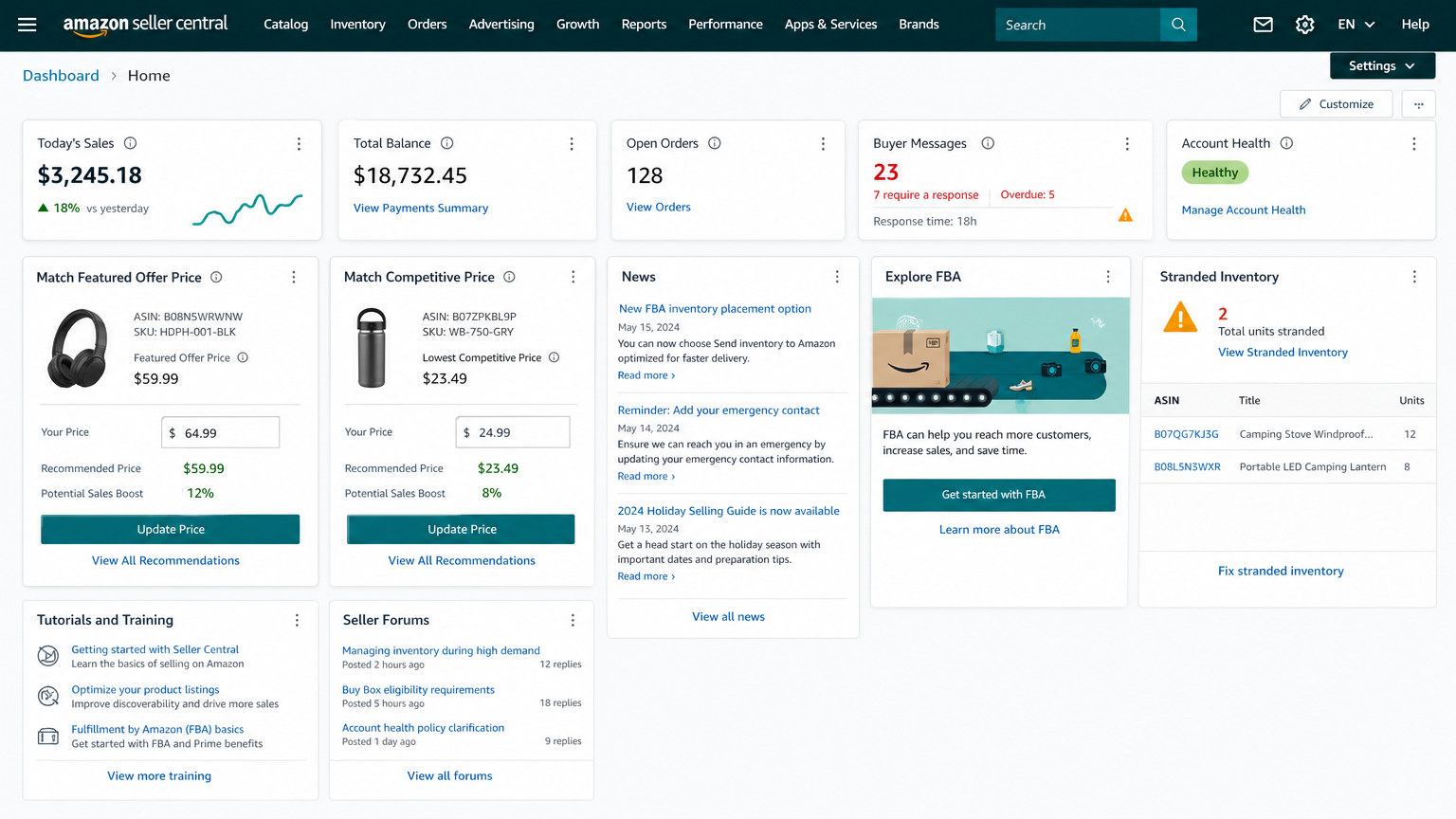 Amazon Seller Central main dashboard overview