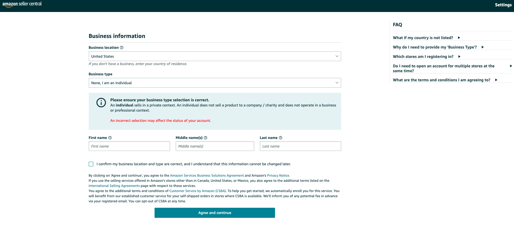 Amazon Seller Central business location and business type selection page