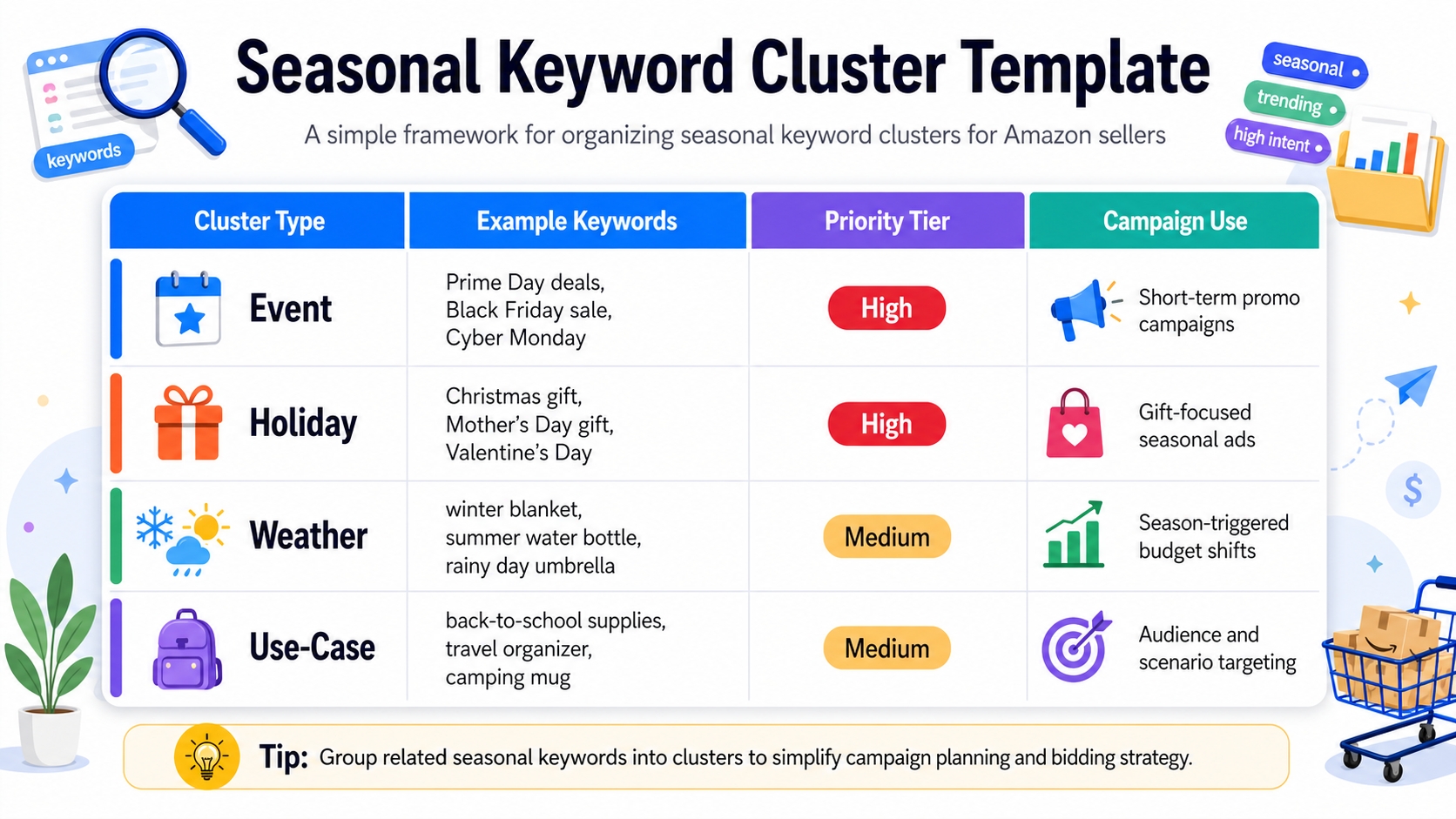 Seasonal keyword cluster template for Amazon sellers