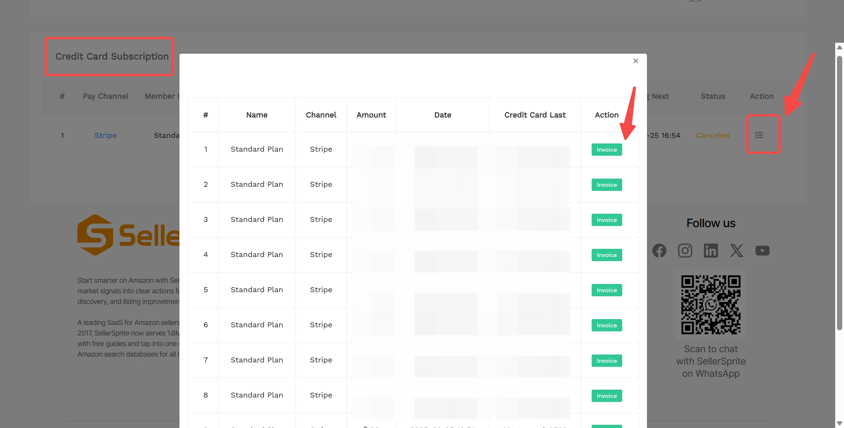 SellerSprite Credit Card Subscription payment records window with Invoice buttons