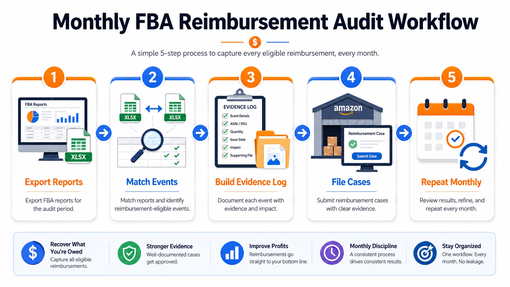 Monthly FBA reimbursement audit workflow showing export reports, match events, build evidence log, file cases, and repeat monthly.