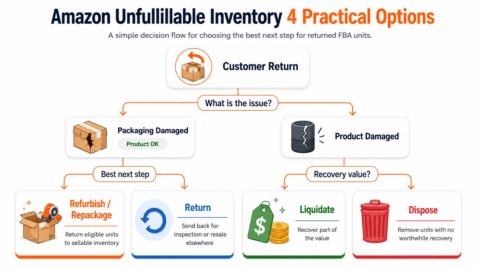 Decision tree for Amazon unfulfillable inventory options including refurbishment, liquidation, return, and disposal.