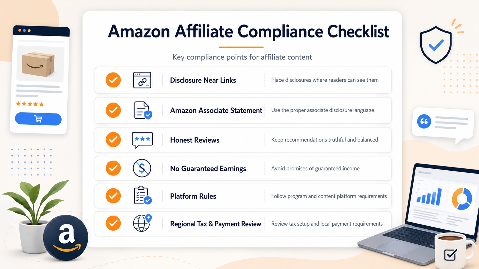 Amazon affiliate compliance checklist covering disclosure, Associate statement, honest reviews, platform rules, and regional requirements.