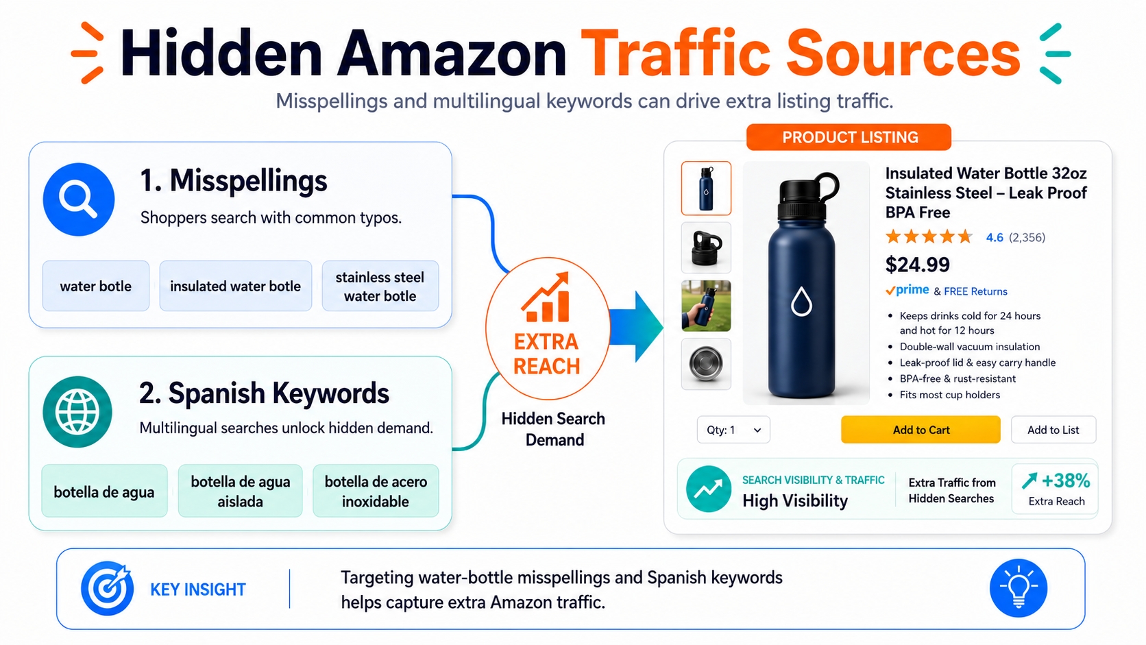 Hidden Amazon traffic sources from misspellings and multilingual searches.