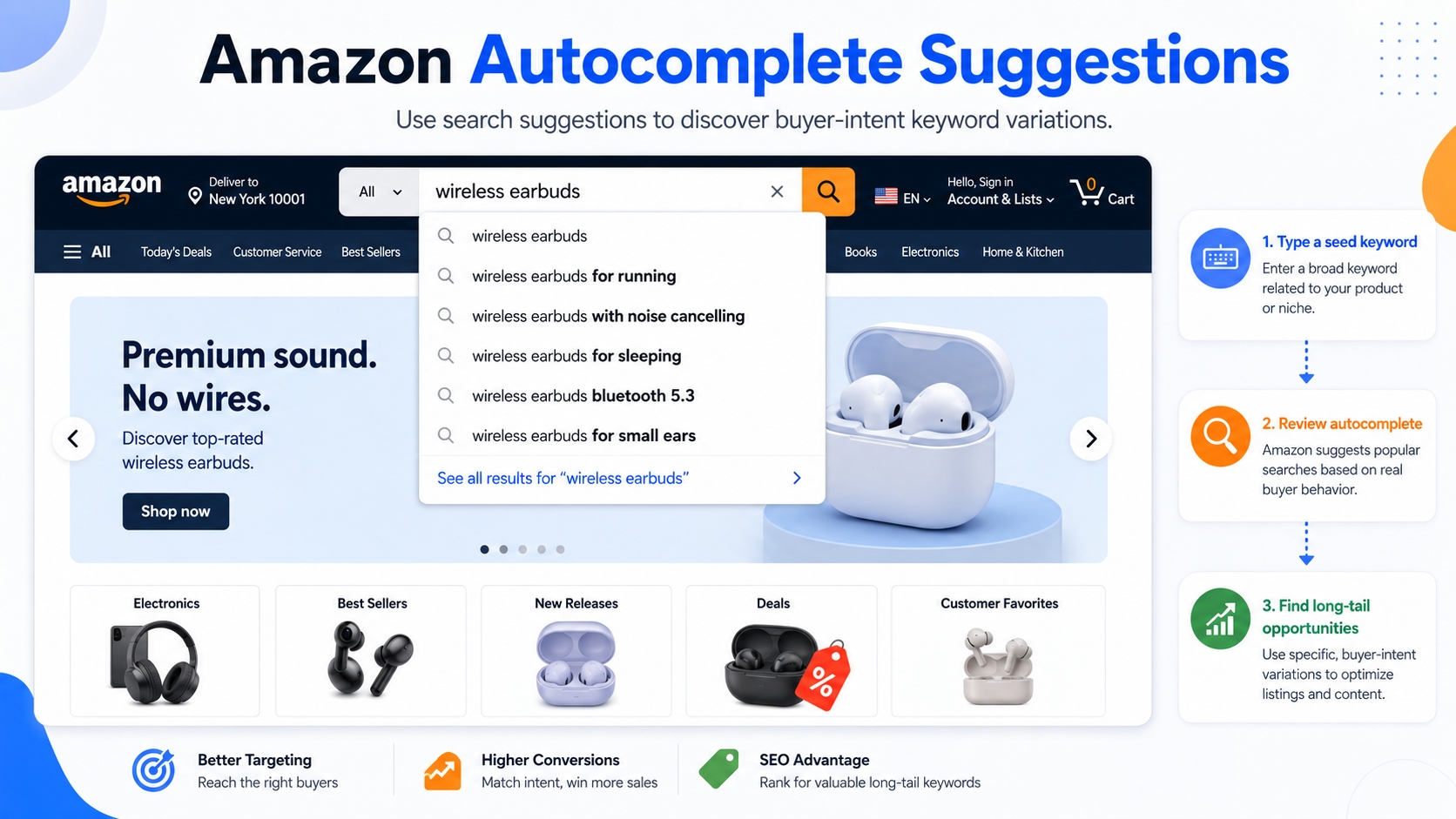 Amazon autocomplete keyword suggestions for wireless earbuds