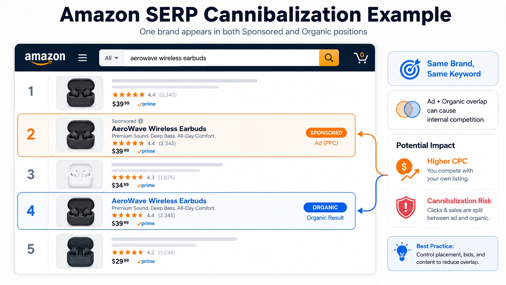 Amazon SERP example showing PPC and organic cannibalization for the same brand