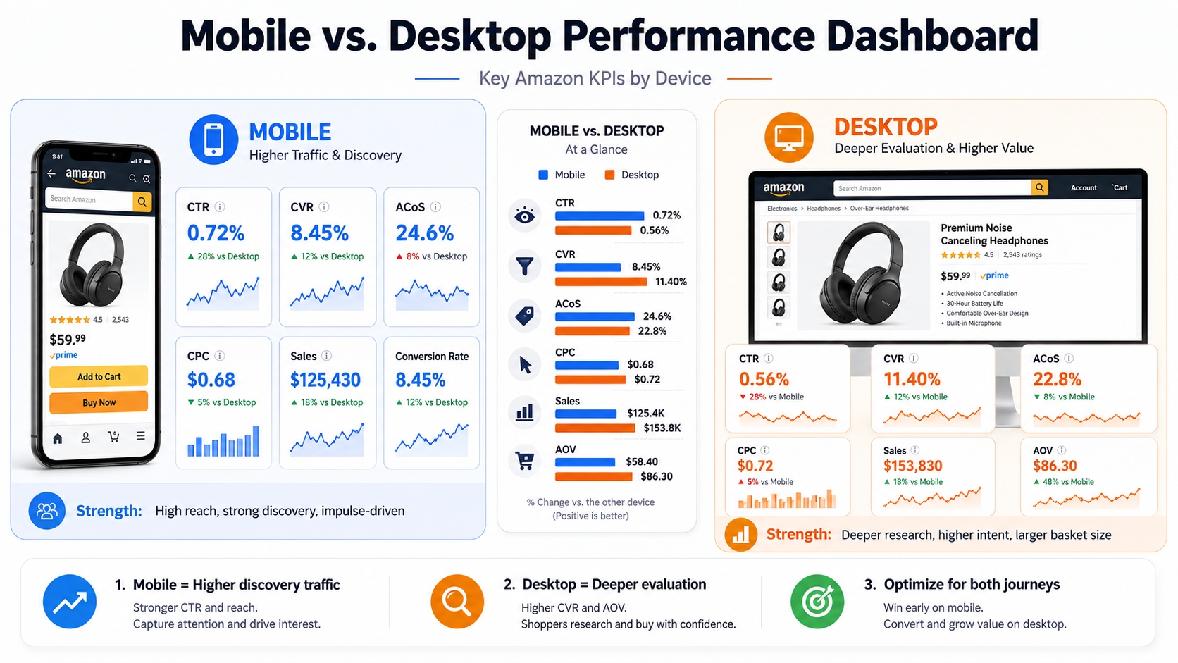 Amazon performance dashboard with mobile vs. desktop KPIs
