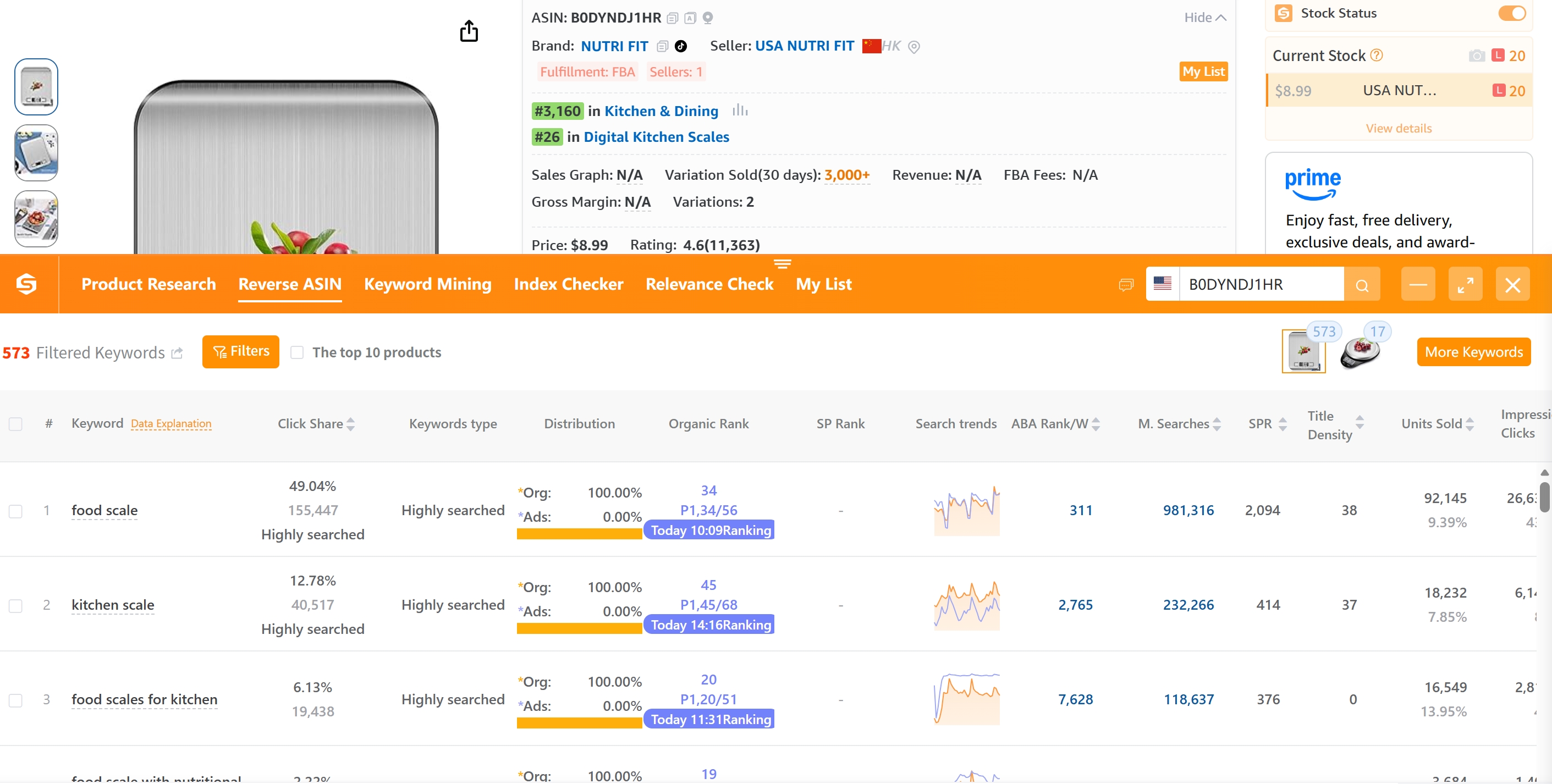 SellerSprite Reverse ASIN tool interface on an Amazon product page