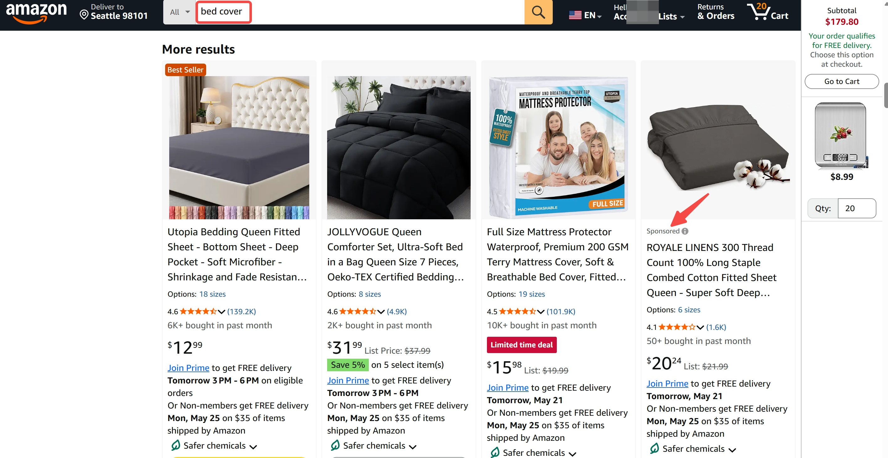 Screenshot of Amazon search results showing organic listings vs. sponsored ads for the same keyword.