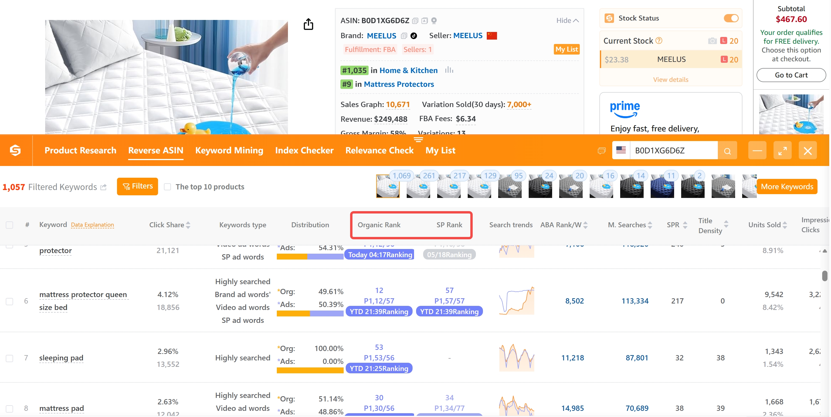SellerSprite Reverse ASIN tool on an Amazon product page displaying organic position versus sponsored ad slot.