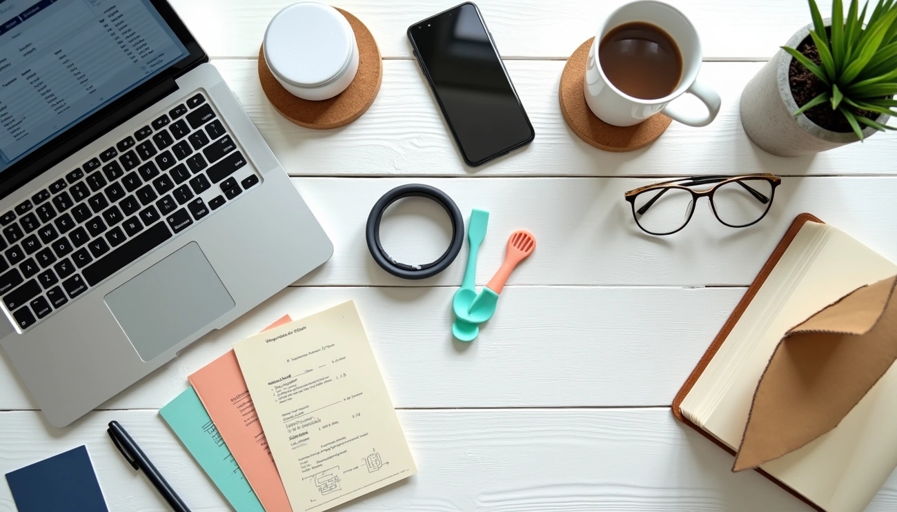 Workspace with laptop documents coffee and product samples for Amazon FBA product sourcing