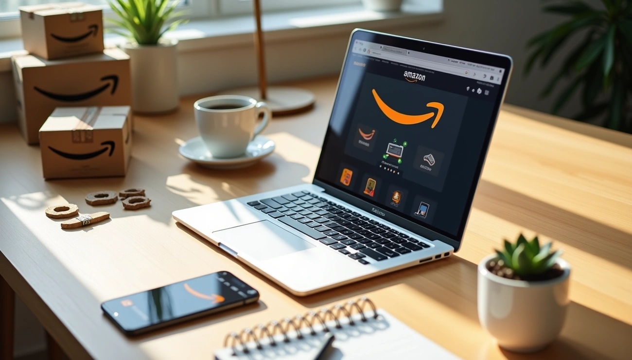 Laptop and smartphone displaying an Amazon affiliate page on a desk with coffee, boxes, and plants