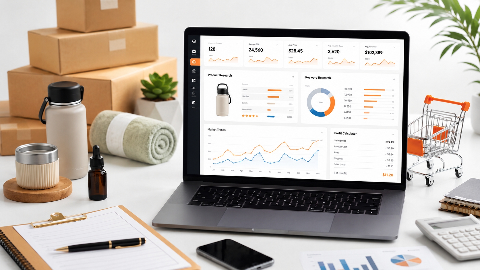 Amazon seller workspace with product samples, shipping boxes, and ecommerce analytics dashboard for starting an Amazon business in 2026.