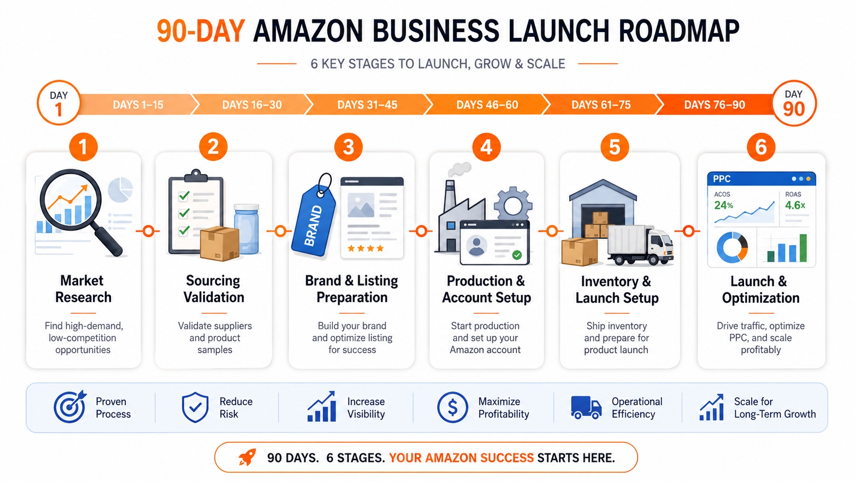 90-day Amazon launch timeline from market research and sourcing to listing preparation, inventory setup, launch, and optimization.