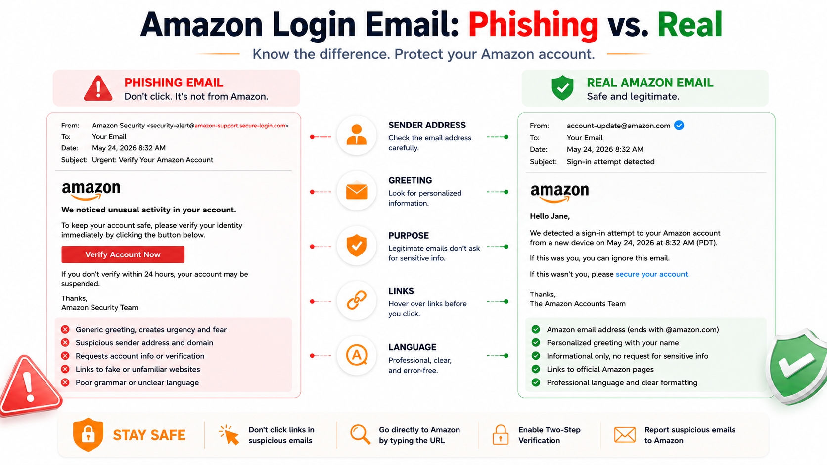 Amazon login phishing vs. genuine email comparison