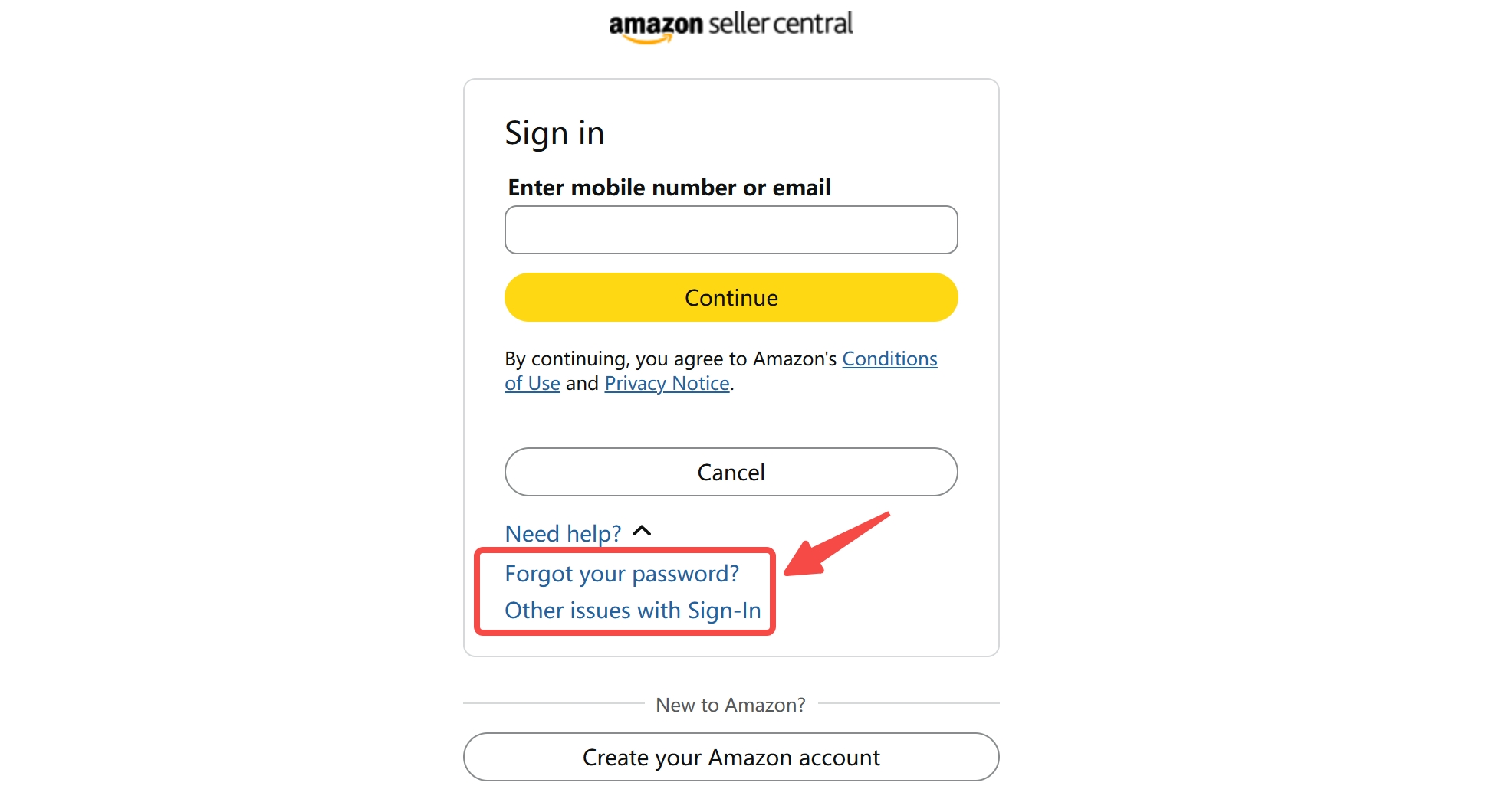 Amazon Seller Central login screen with help guidance links