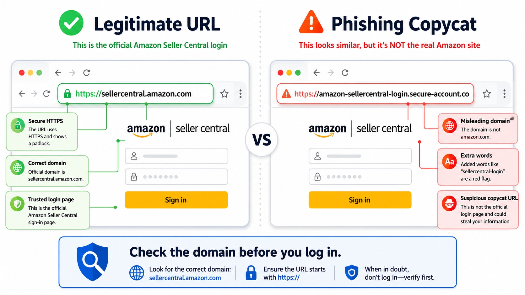 Comparison of authentic vs. fake Amazon Seller Central login URLs