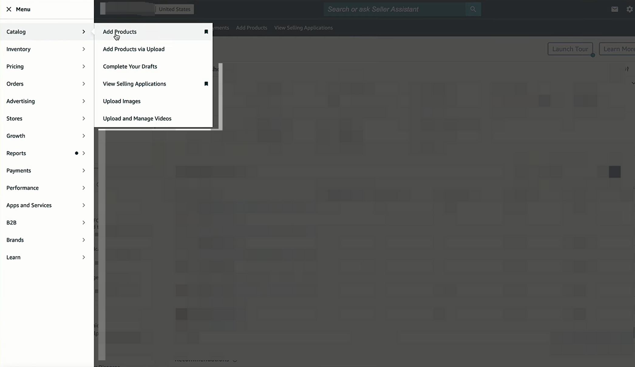 Diagram of Amazon Seller Central navigation menu