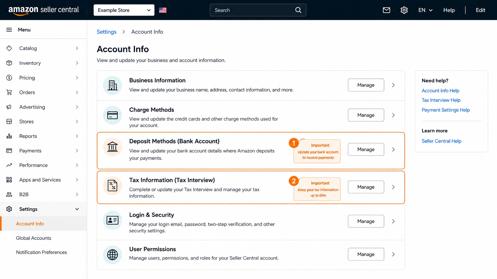 Amazon Seller Central account info settings view