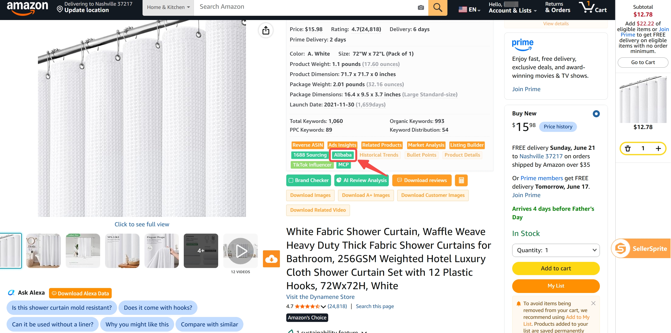 SellerSprite Chrome extension built-in shortcut for finding suppliers from Amazon listing page to Alibaba