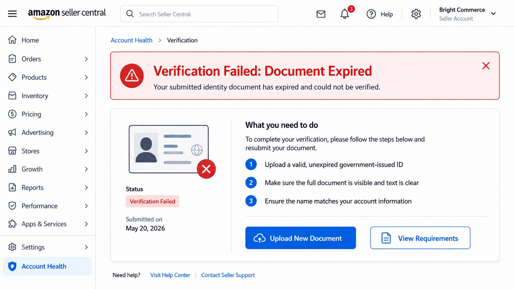 Amazon verification failed notification screen