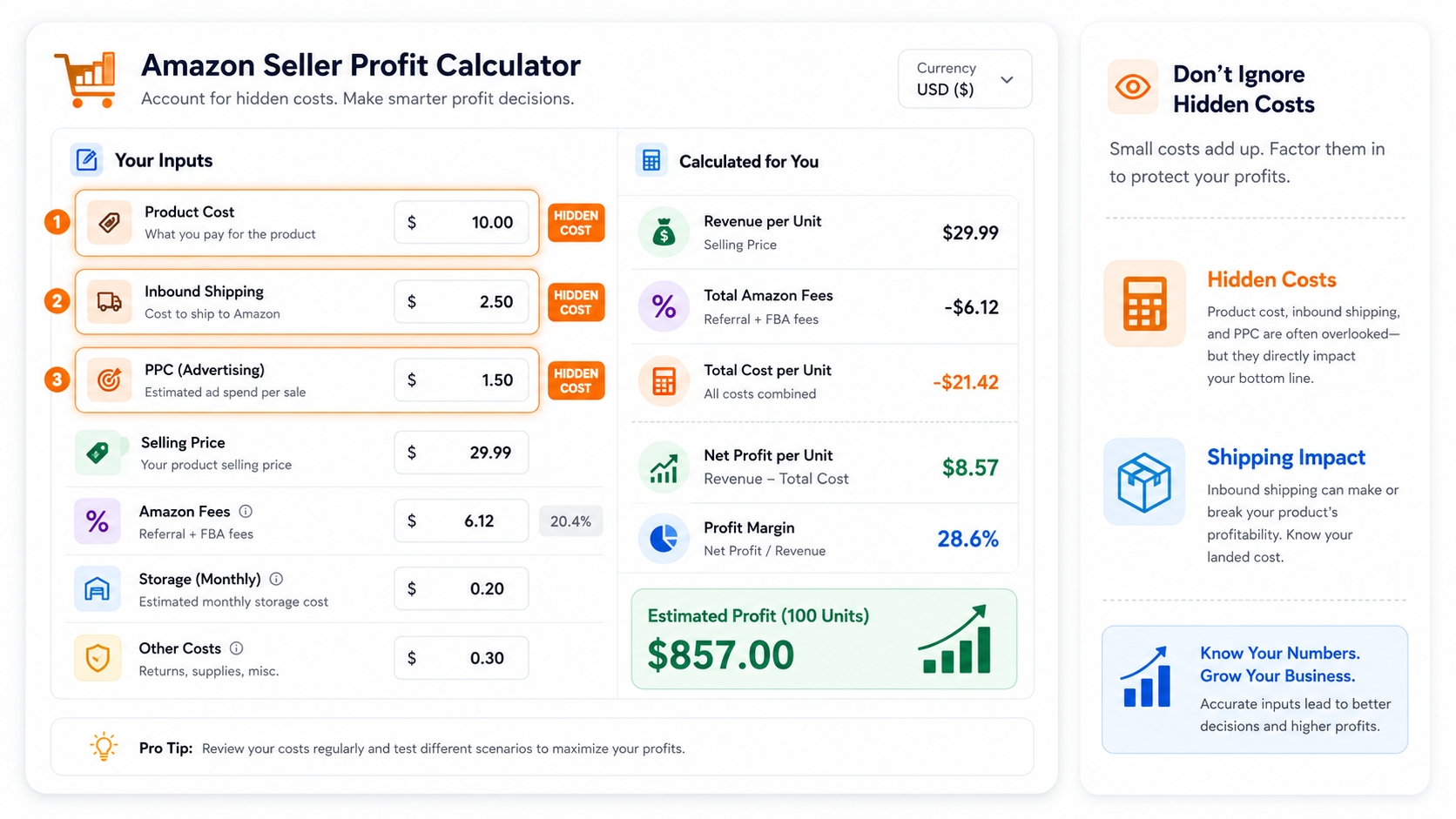Amazon calculator input fields for hidden costs and shipping