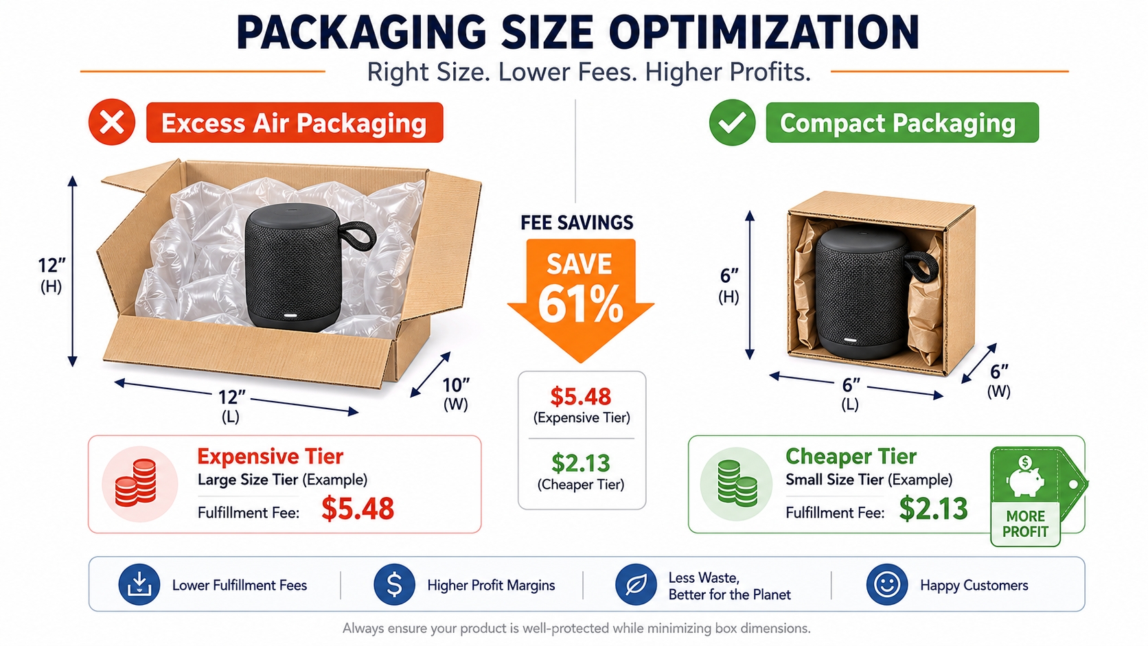 Packaging size optimization reducing Amazon FBA fulfillment tier costs.