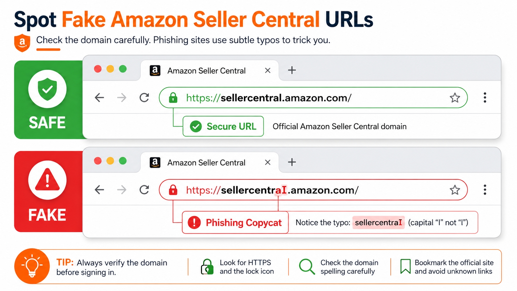 Identifying fake Amazon Seller Central phishing URLs in browser address bar