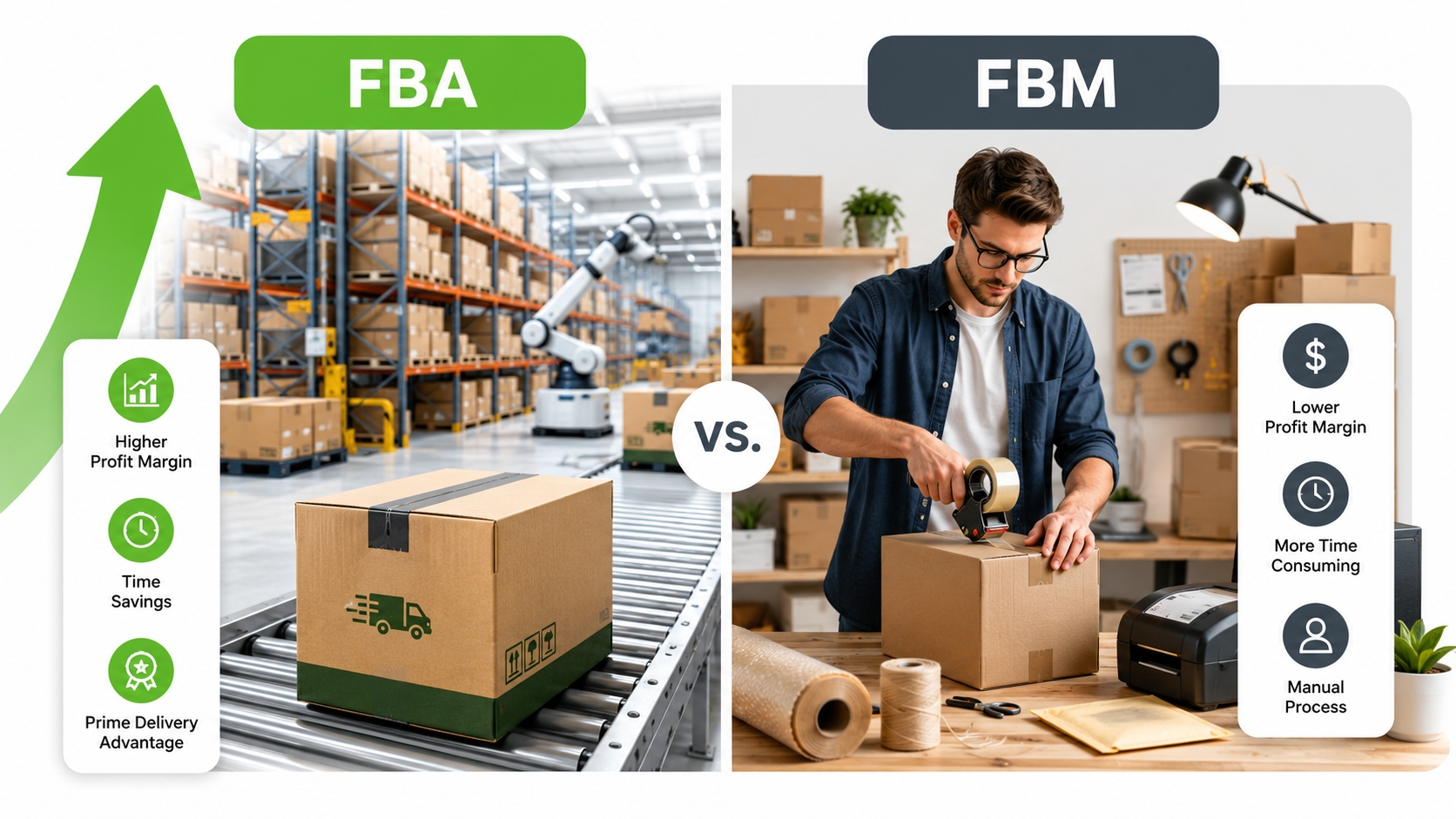 FBA versus FBM fulfillment method comparison concept