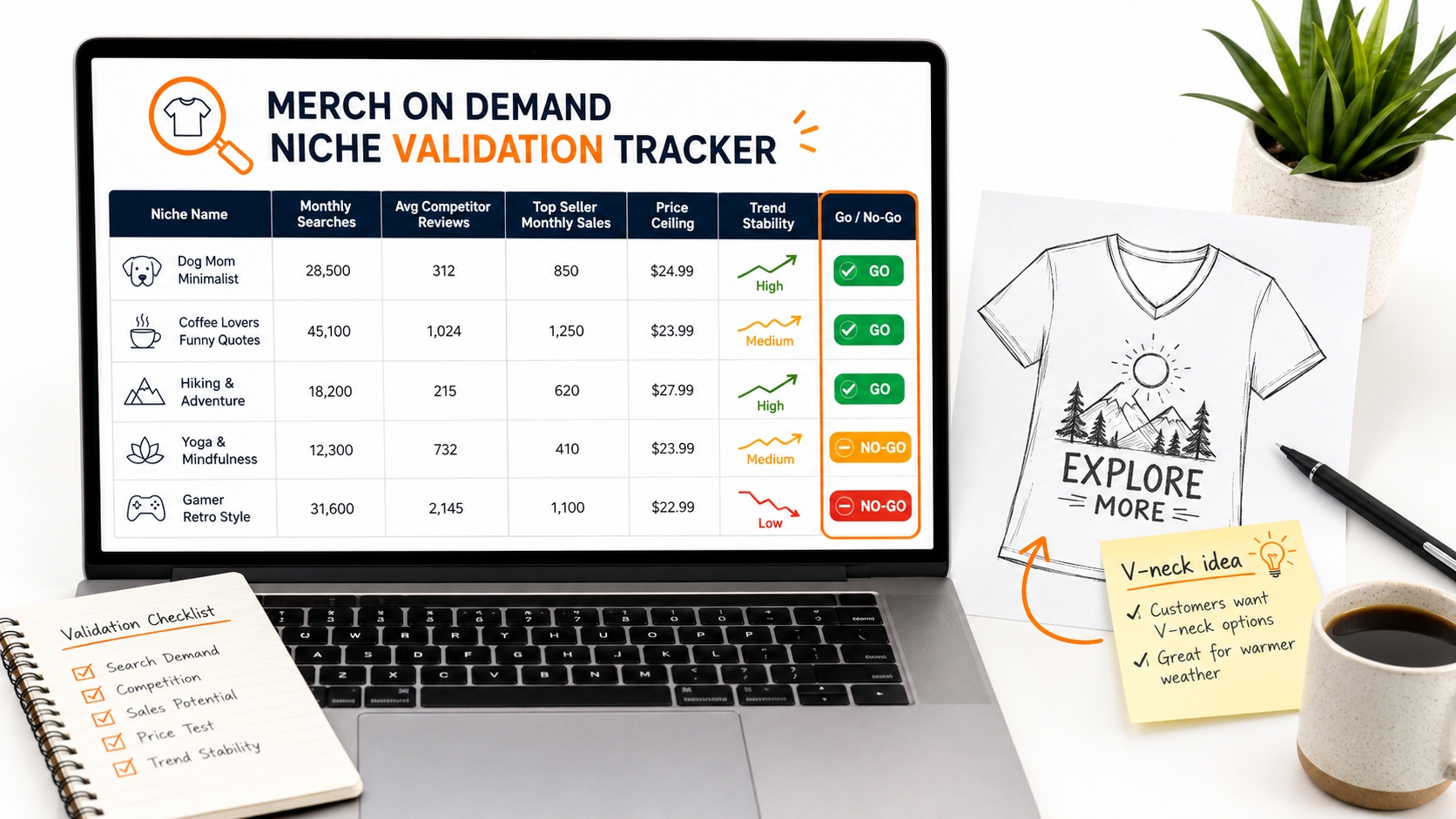 Niche validation spreadsheet for Amazon Merch on Demand product ideas